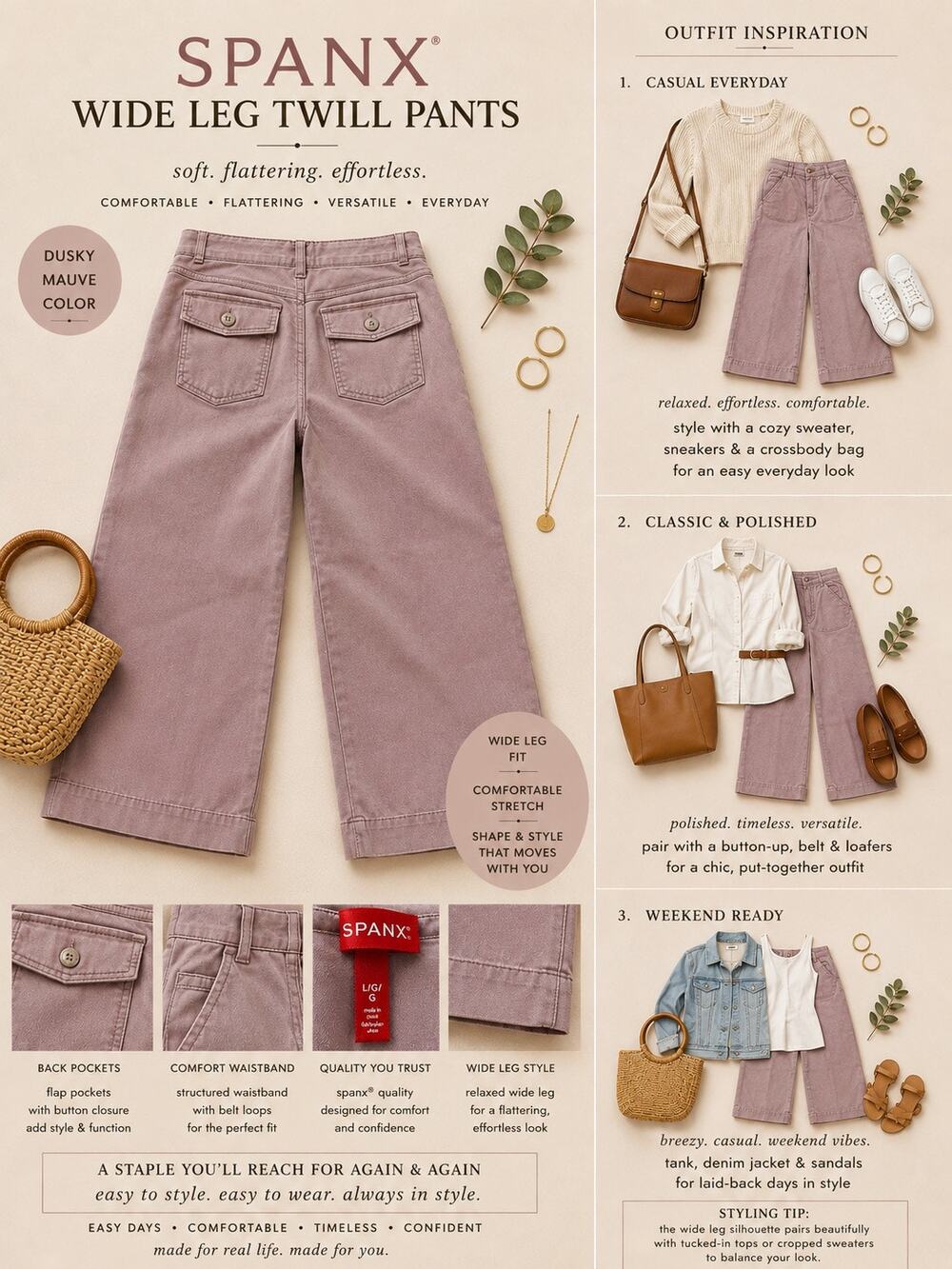 SPANX Wide Leg Twill Pants Dusky Mauve Stretch Crop Women’s LG